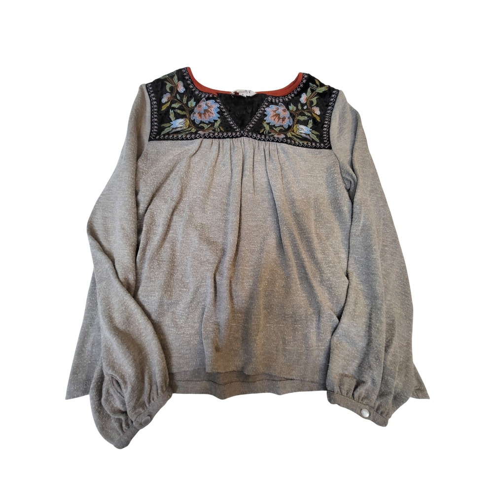 THML Grey Heathered Embroidered Velvet Yoke Balloon Sleeve Top FTM828 Small
